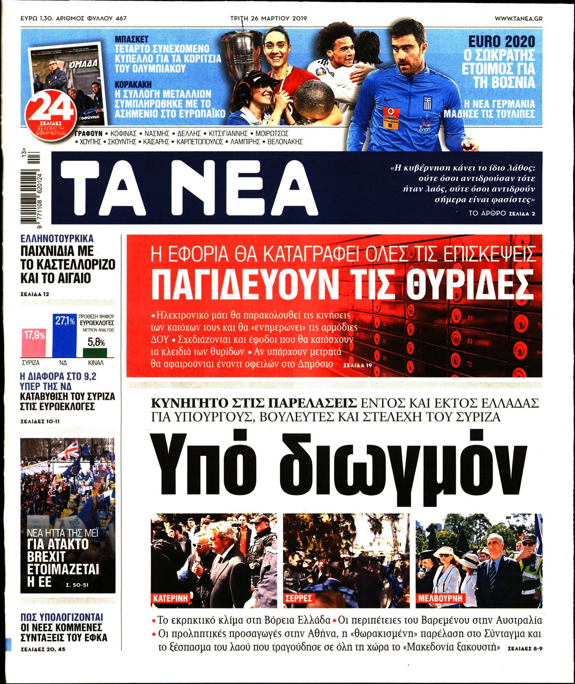 Εξώφυλο εφημερίδας ΤΑ ΝΕΑ 2019-03-26