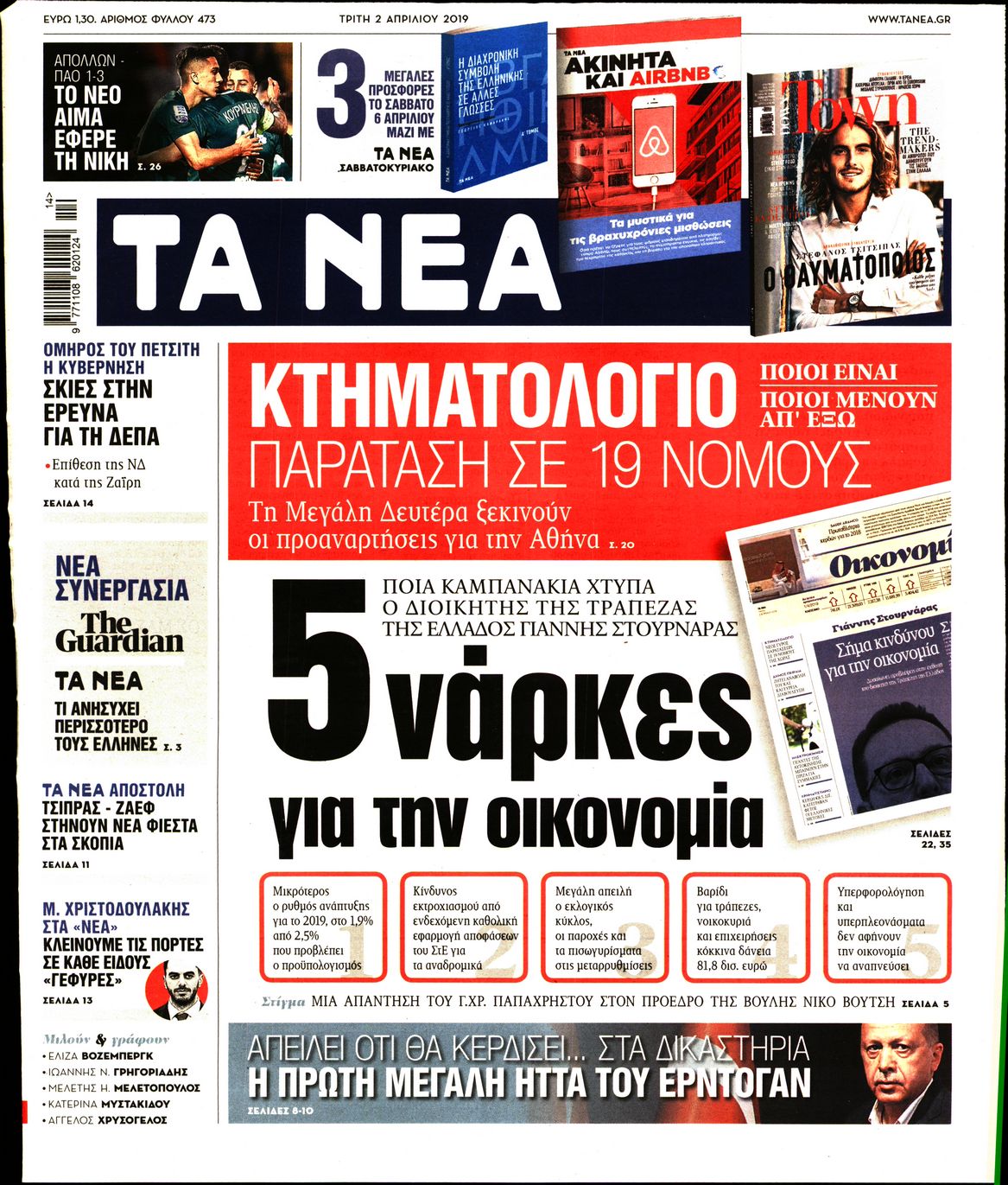 Εξώφυλο εφημερίδας ΤΑ ΝΕΑ Mon, 01 Apr 2019 21:00:00 GMT