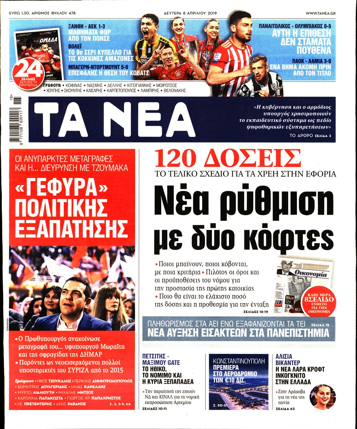 Εξώφυλο εφημερίδας ΤΑ ΝΕΑ 2019-04-08