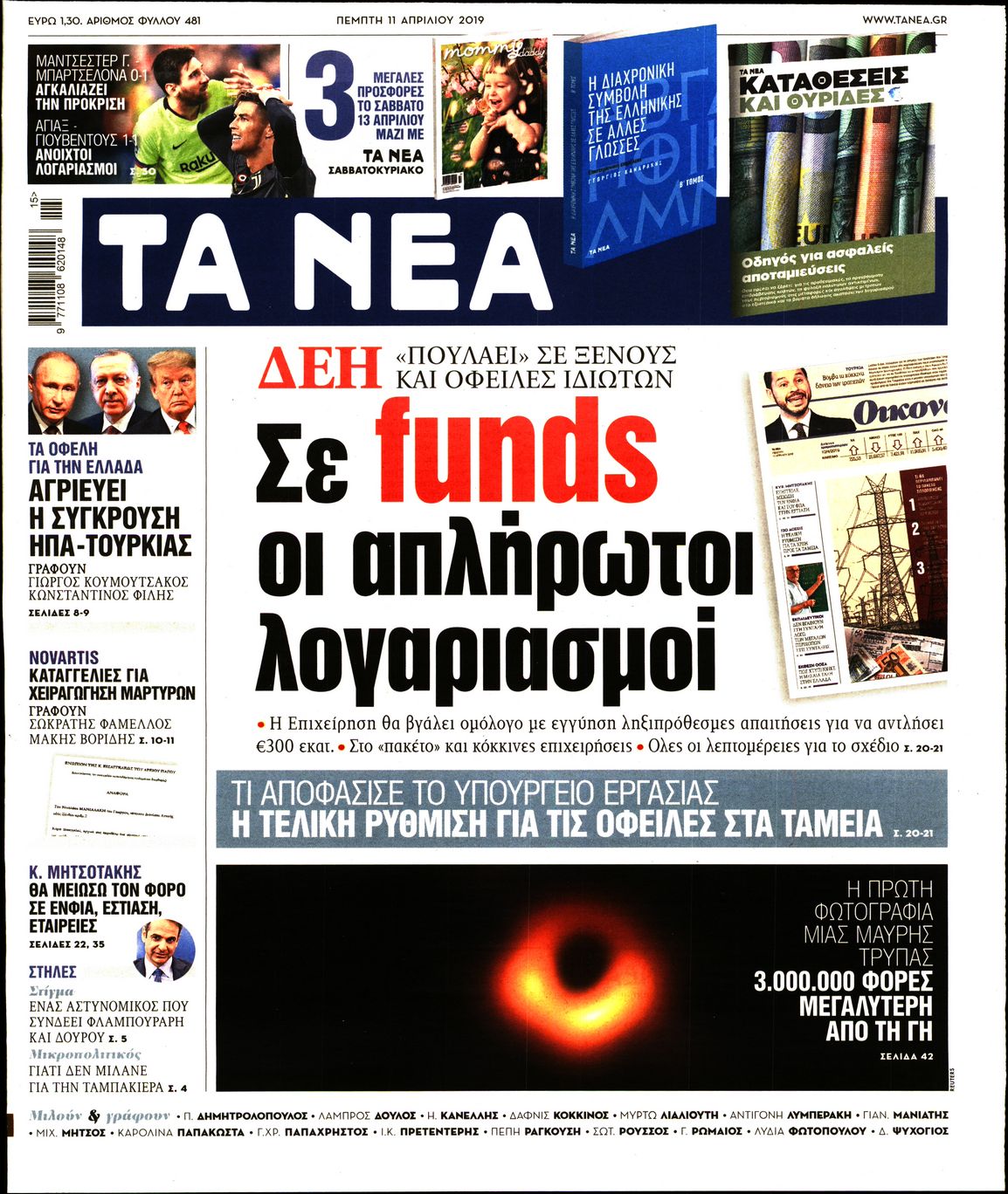 Εξώφυλο εφημερίδας ΤΑ ΝΕΑ 2019-04-11