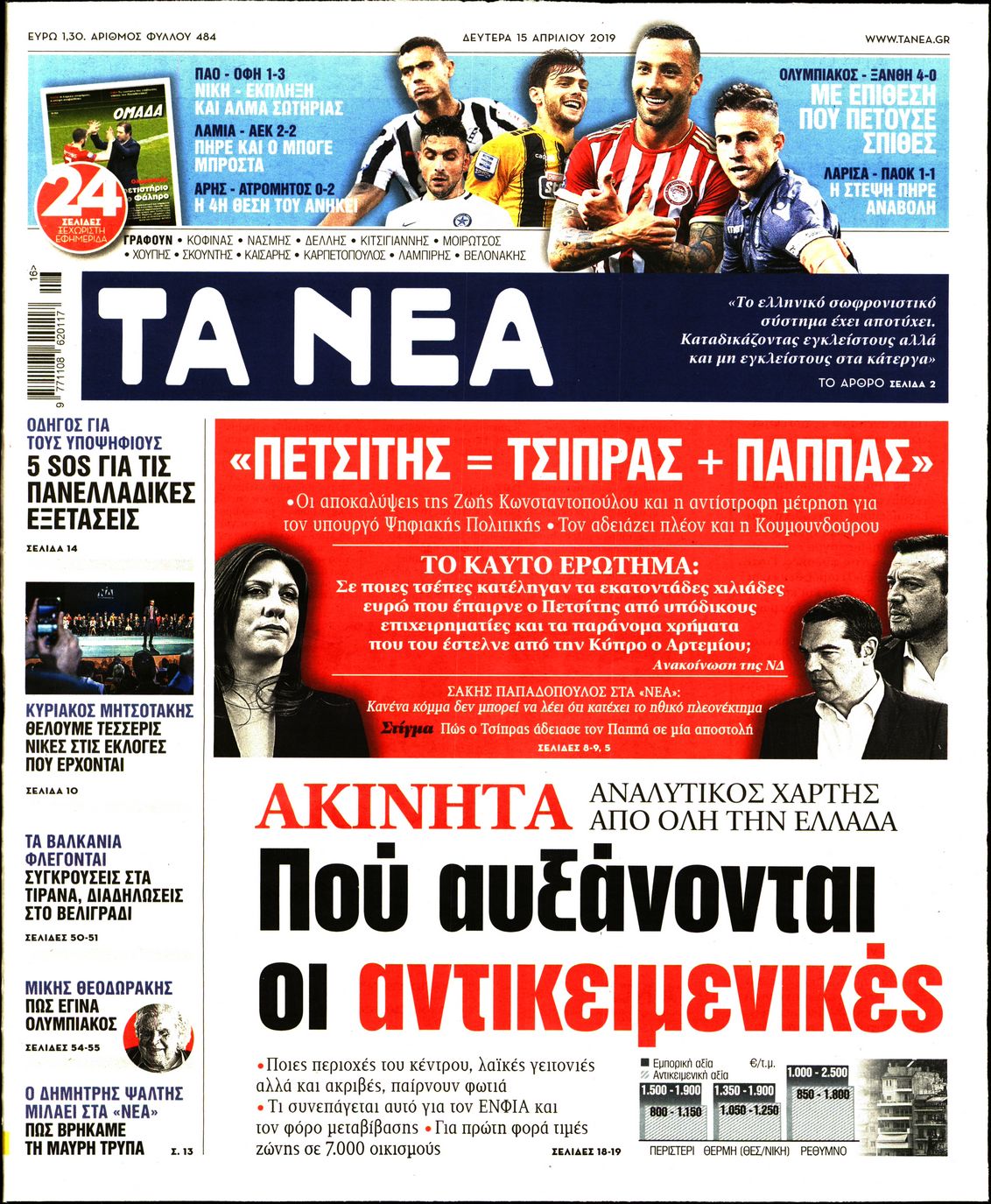 Εξώφυλο εφημερίδας ΤΑ ΝΕΑ 2019-04-15