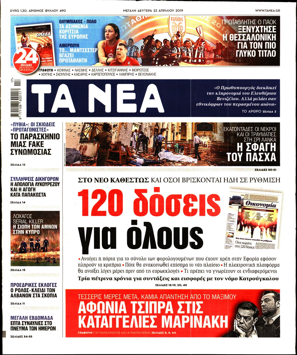 Εξώφυλο εφημερίδας ΤΑ ΝΕΑ 2019-04-22