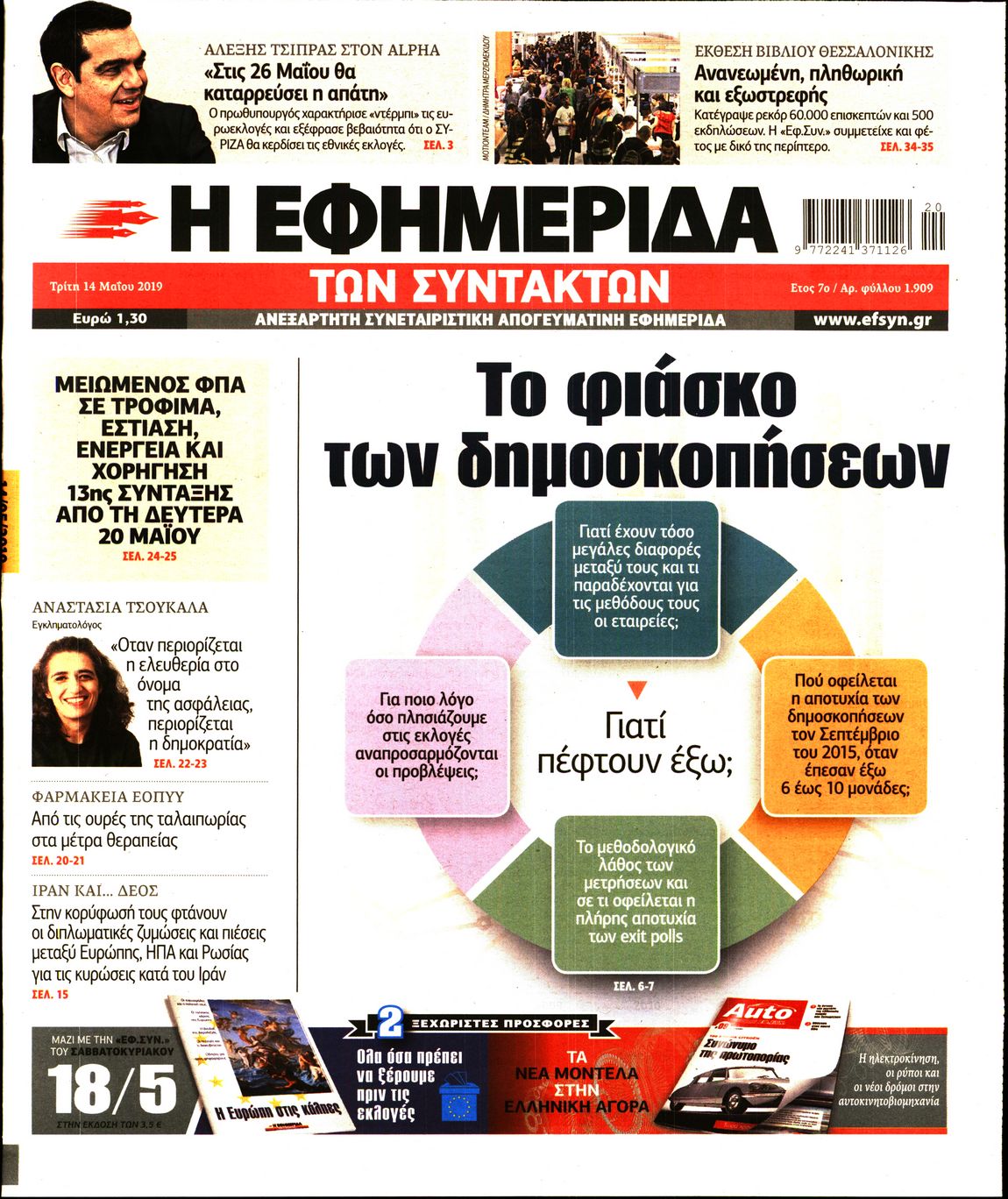 Εξώφυλο εφημερίδας ΤΩΝ ΣΥΝΤΑΚΤΩΝ 2019-05-14