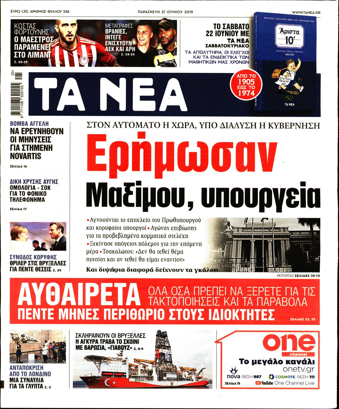 Εξώφυλο εφημερίδας ΤΑ ΝΕΑ 2019-06-21