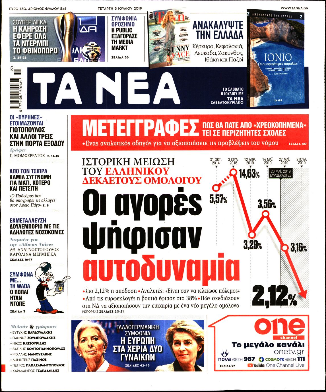 Εξώφυλο εφημερίδας ΤΑ ΝΕΑ 2019-07-03