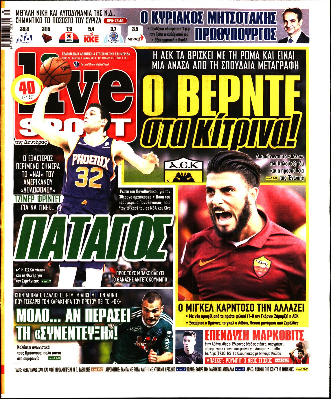 Εξώφυλο εφημερίδας LIVE SPORT 2019-07-08