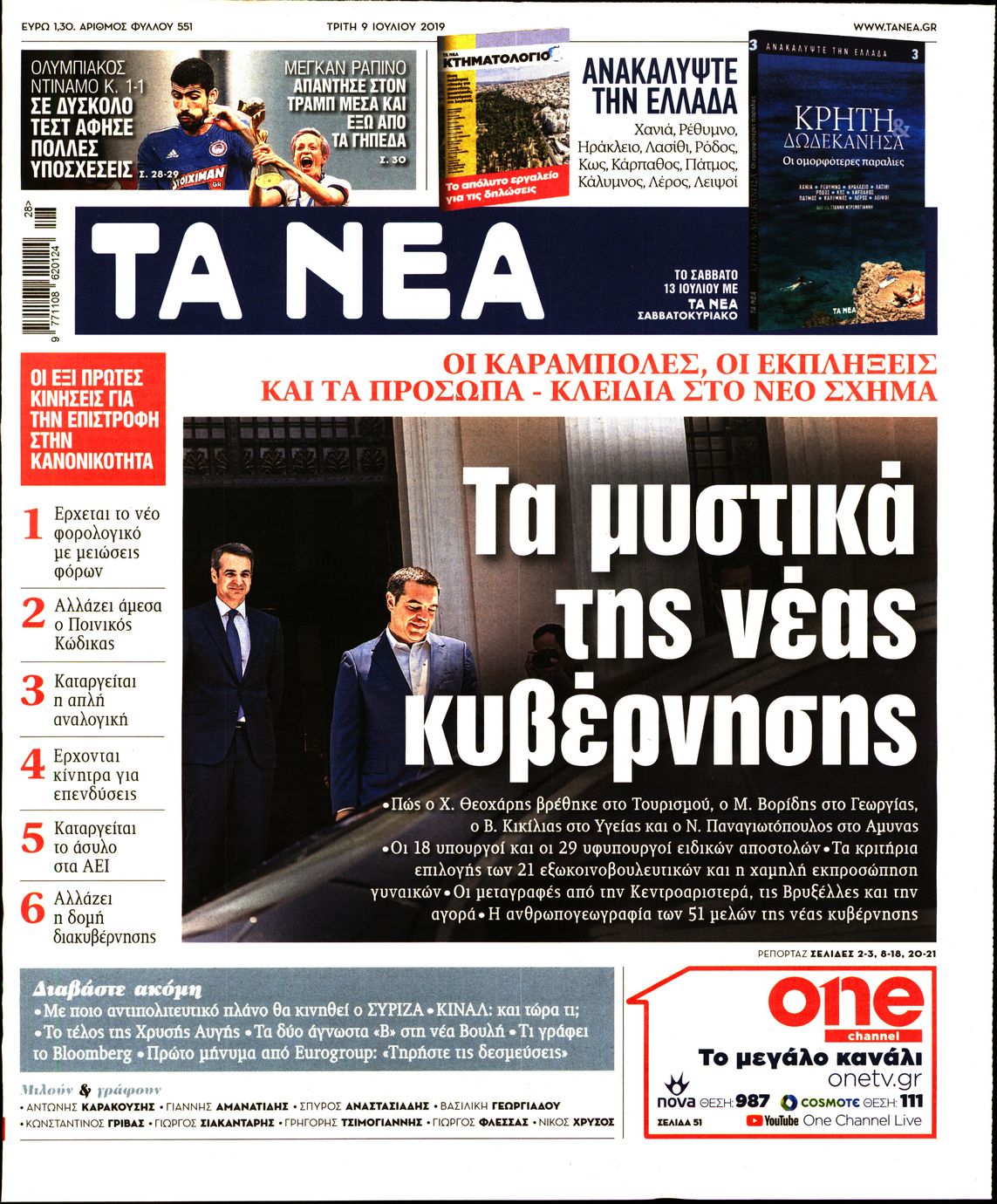 Εξώφυλο εφημερίδας ΤΑ ΝΕΑ 2019-07-09