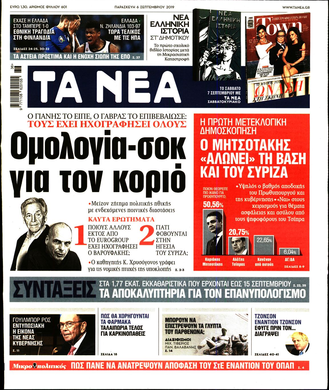 Εξώφυλο εφημερίδας ΤΑ ΝΕΑ 2019-09-06