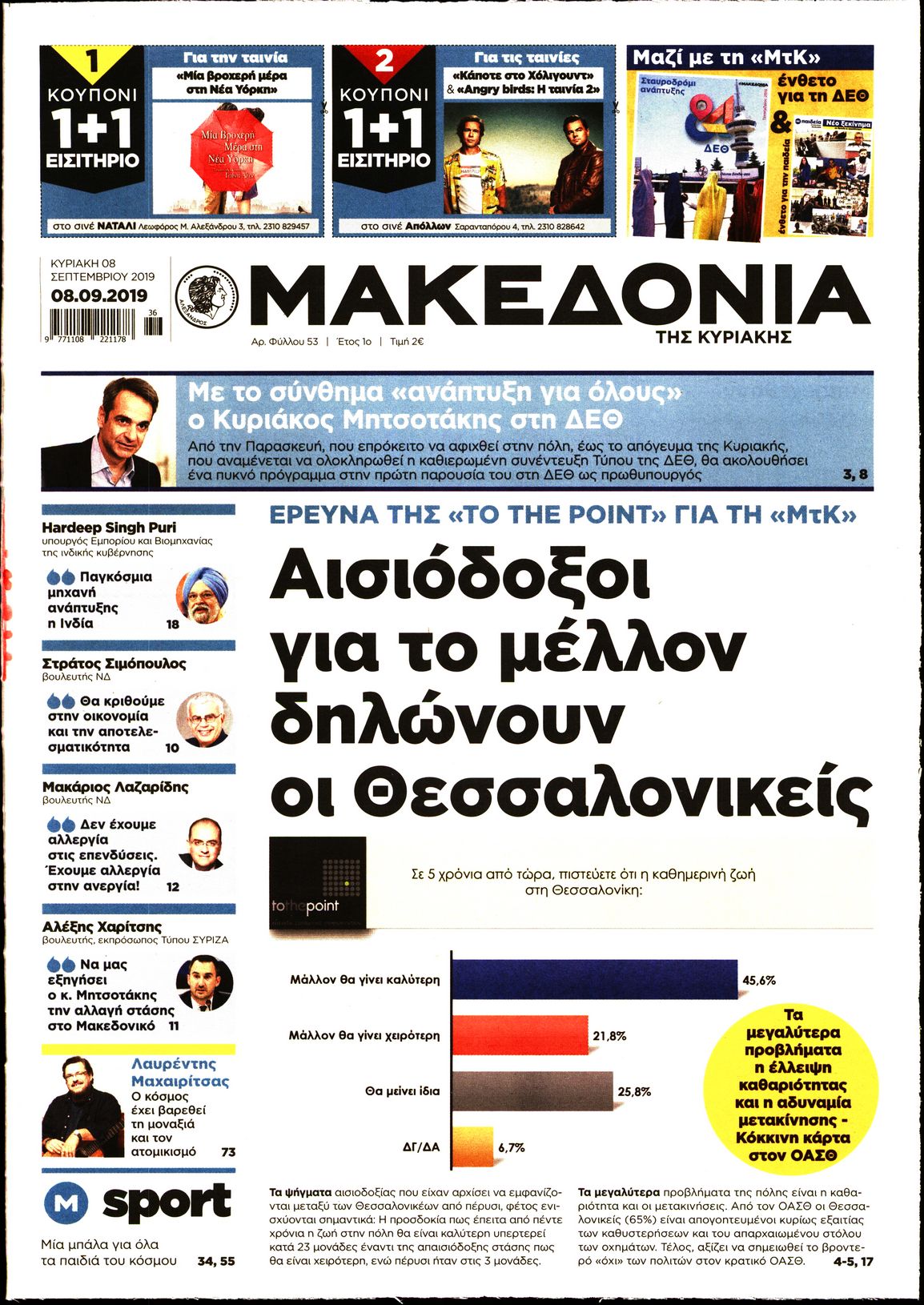 Εξώφυλο εφημερίδας ΜΑΚΕΔΟΝΙΑ 2019-09-08