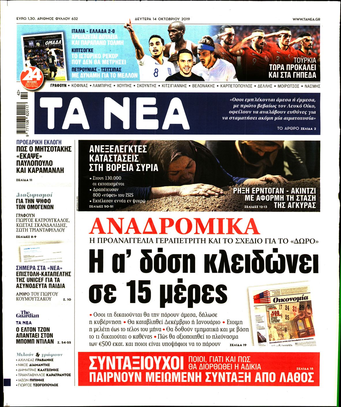 Εξώφυλο εφημερίδας ΤΑ ΝΕΑ 2019-10-14