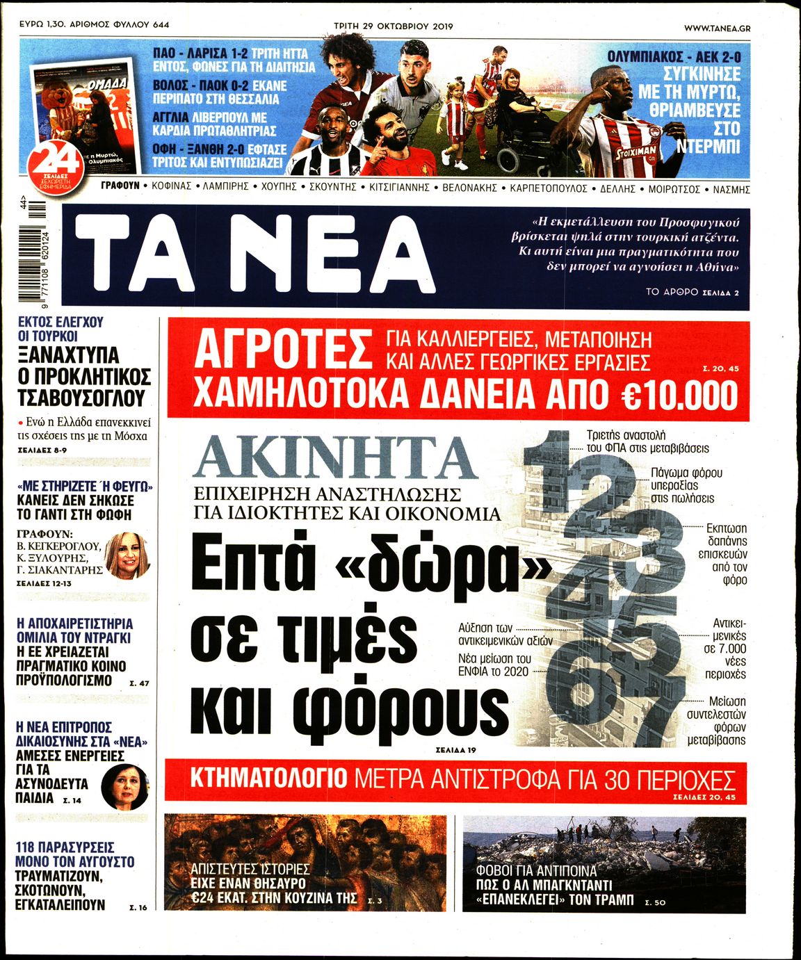 Εξώφυλο εφημερίδας ΤΑ ΝΕΑ 2019-10-29