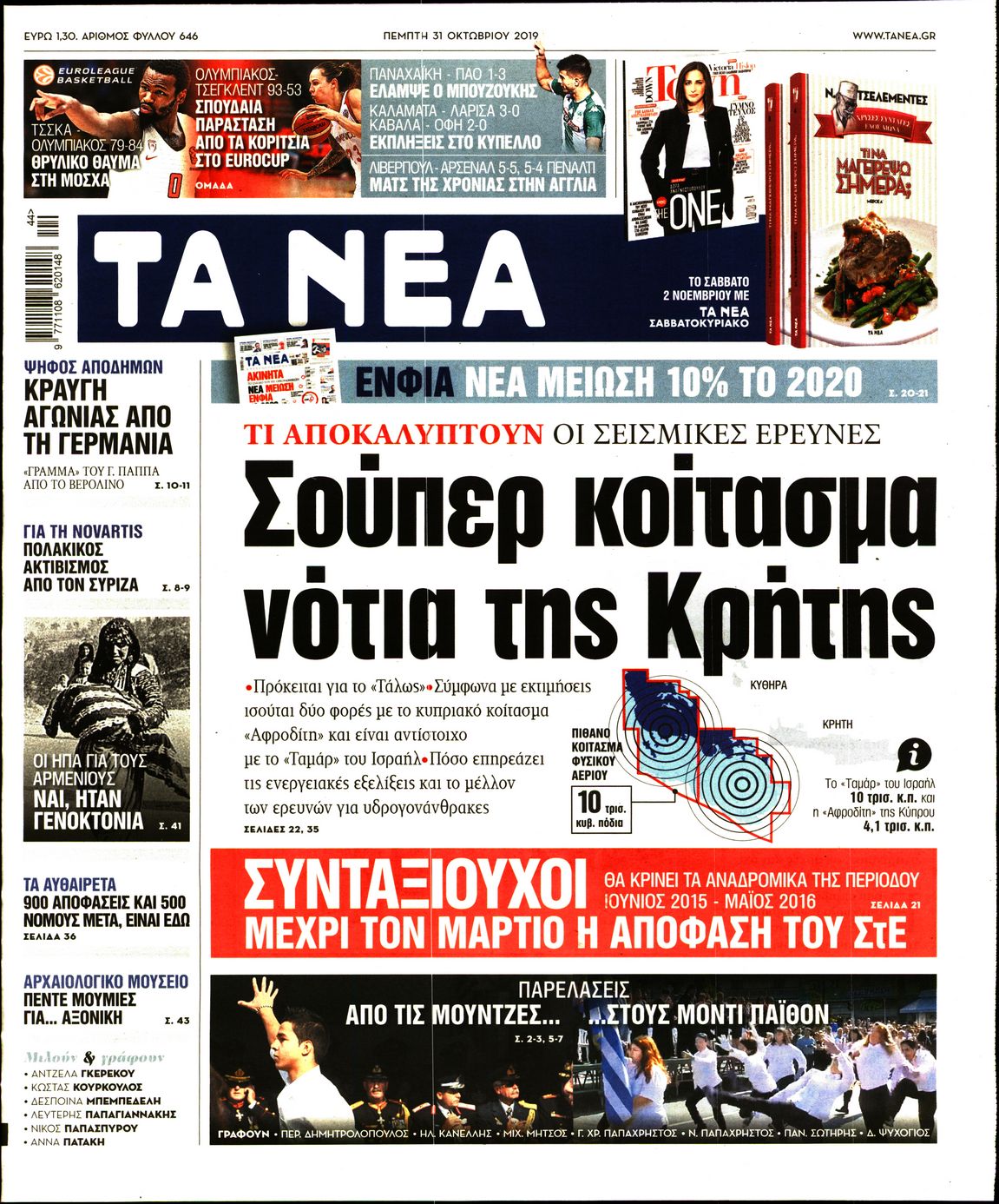 Εξώφυλο εφημερίδας ΤΑ ΝΕΑ 2019-10-31