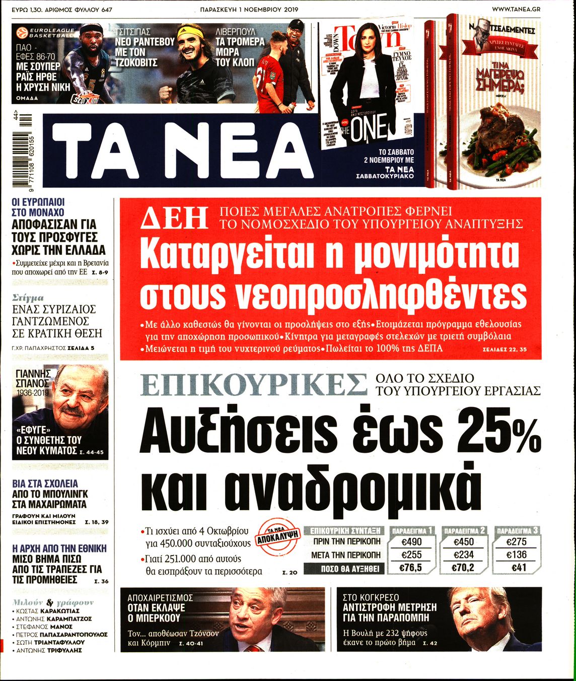 Εξώφυλο εφημερίδας ΤΑ ΝΕΑ 2019-11-01