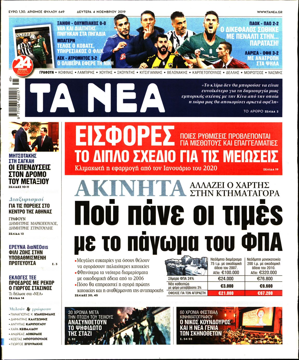 Εξώφυλο εφημερίδας ΤΑ ΝΕΑ 2019-11-04