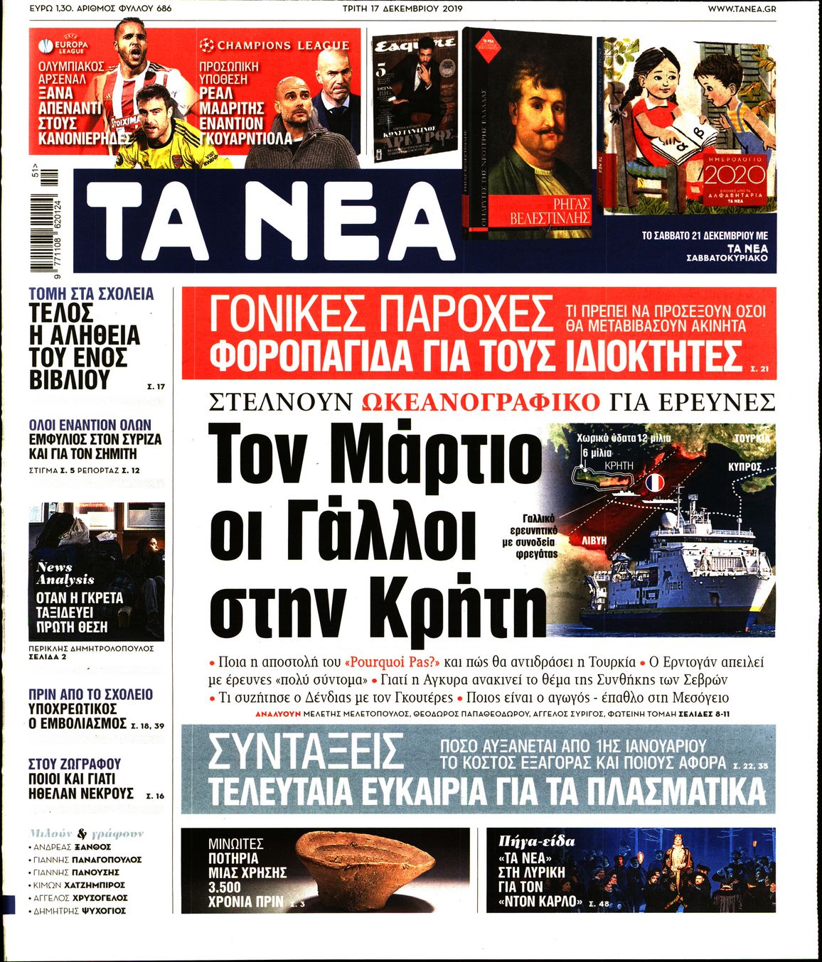 Εξώφυλο εφημερίδας ΤΑ ΝΕΑ 2019-12-17