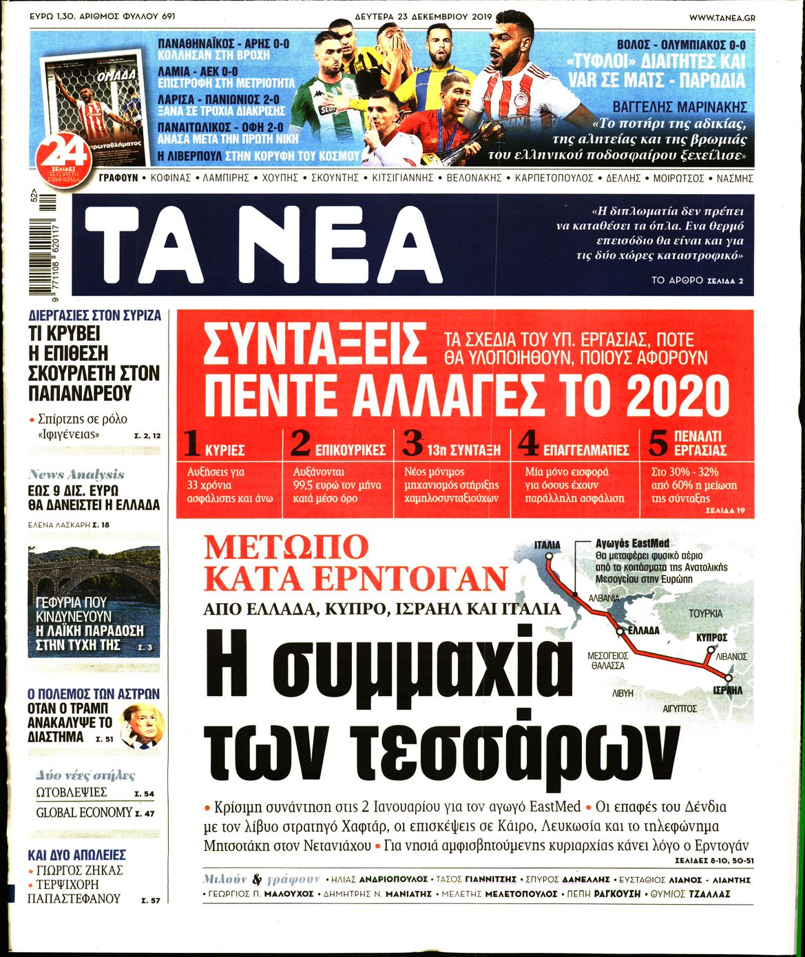 Εξώφυλο εφημερίδας ΤΑ ΝΕΑ 2019-12-23