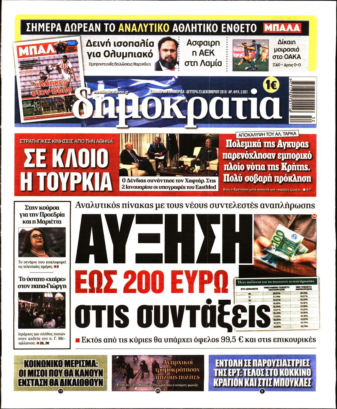 Εξώφυλο εφημερίδας ΔΗΜΟΚΡΑΤΙΑ 2019-12-23