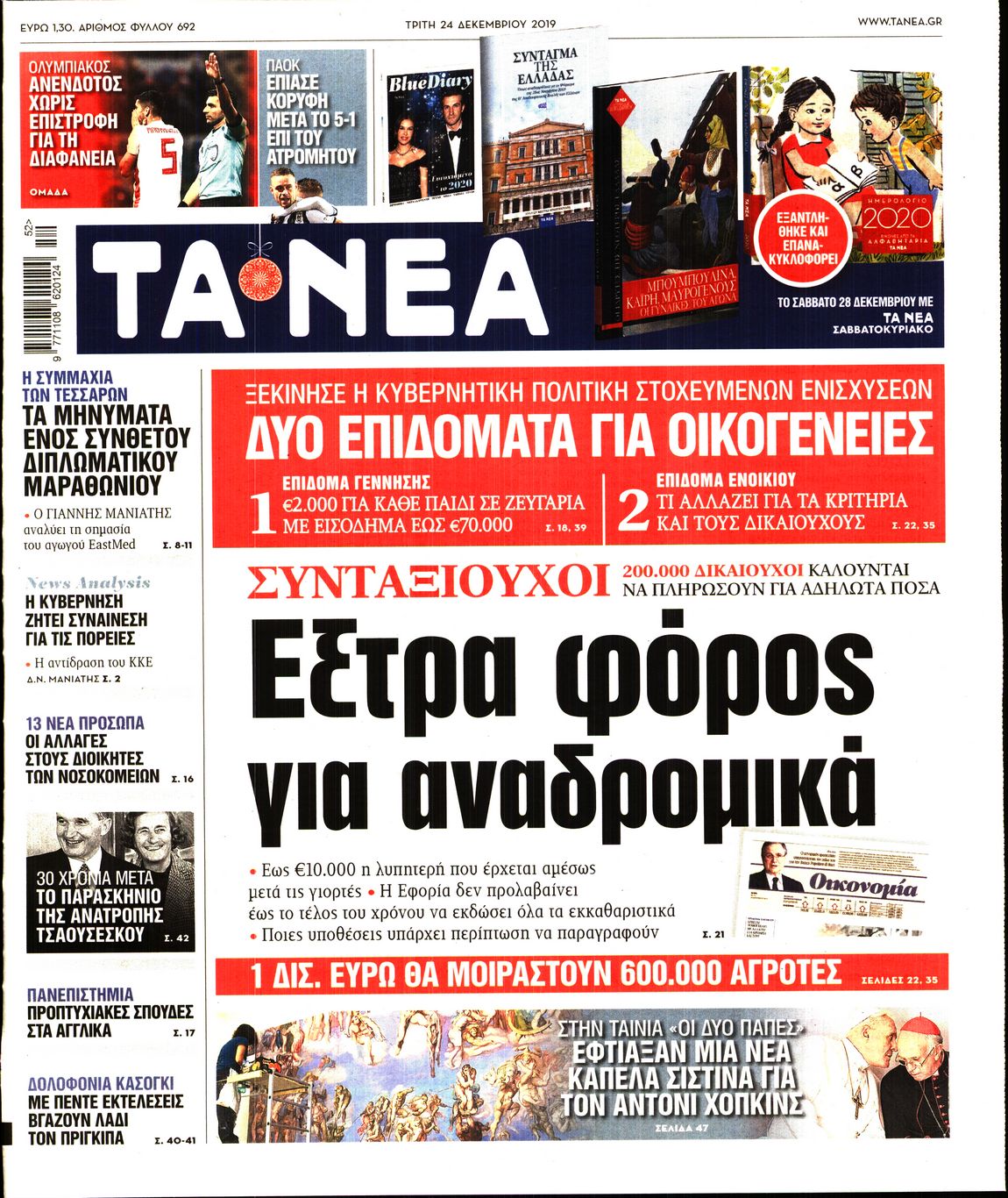 Εξώφυλο εφημερίδας ΤΑ ΝΕΑ 2019-12-24