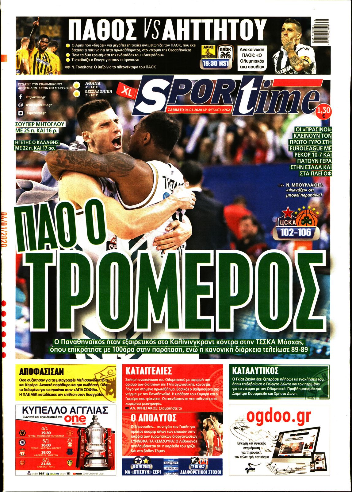 Εξώφυλο εφημερίδας SPORTIME 2020-01-04