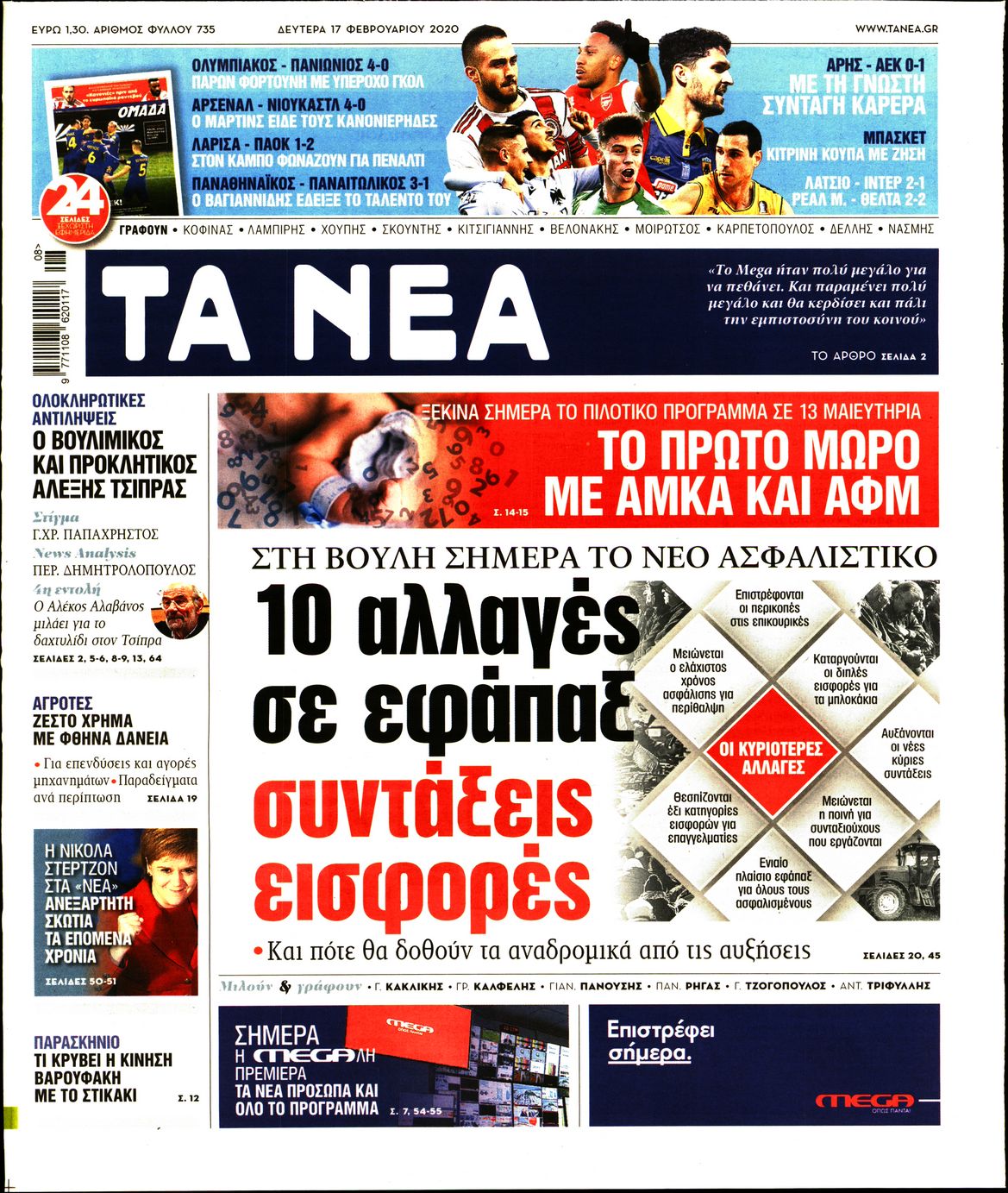 Εξώφυλο εφημερίδας ΤΑ ΝΕΑ 2020-02-17