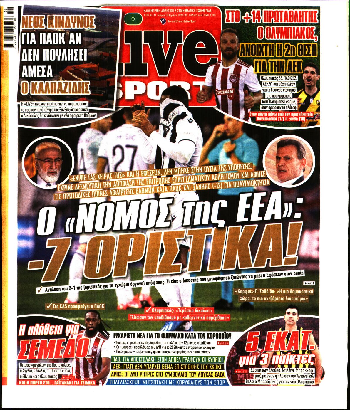 Εξώφυλο εφημερίδας LIVE SPORT 2020-04-15