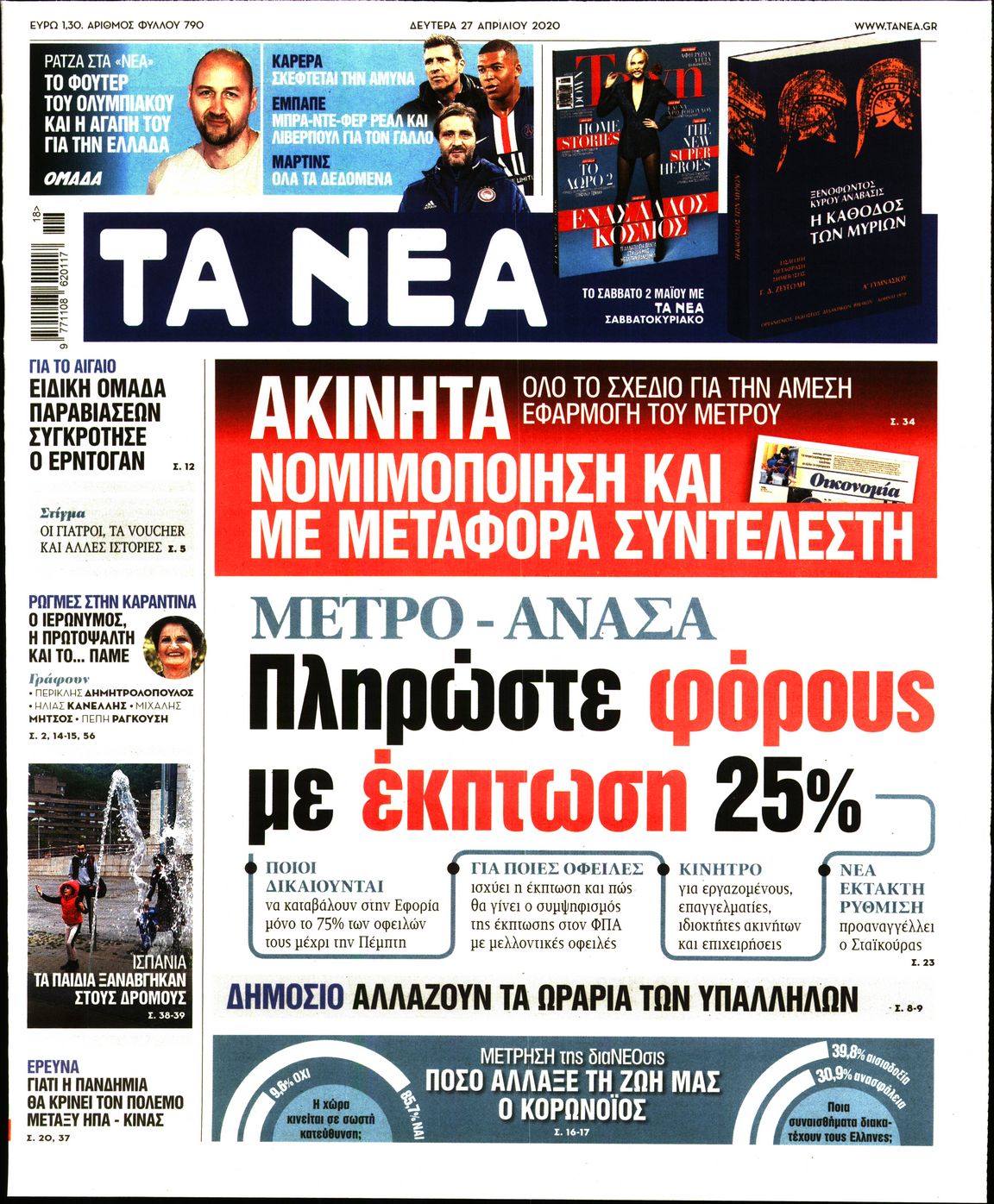 Εξώφυλο εφημερίδας ΤΑ ΝΕΑ 2020-04-27