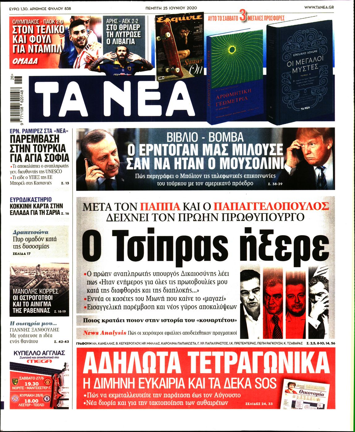 Εξώφυλο εφημερίδας ΤΑ ΝΕΑ Wed, 24 Jun 2020 21:00:00 GMT