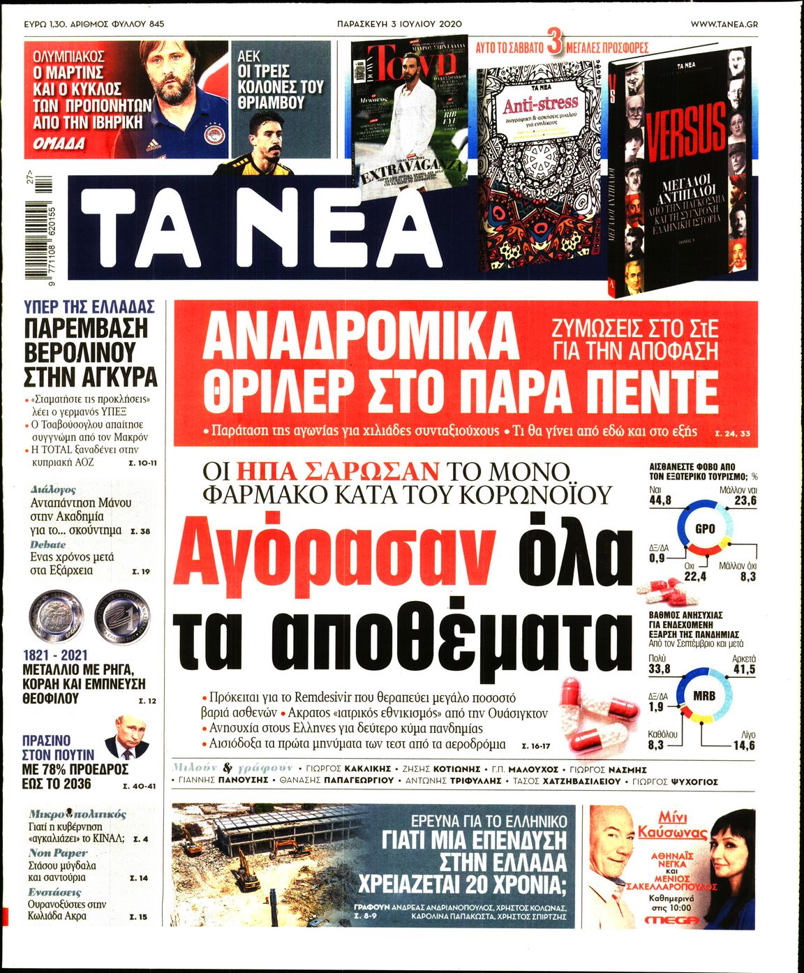 Εξώφυλο εφημερίδας ΤΑ ΝΕΑ 2020-07-03