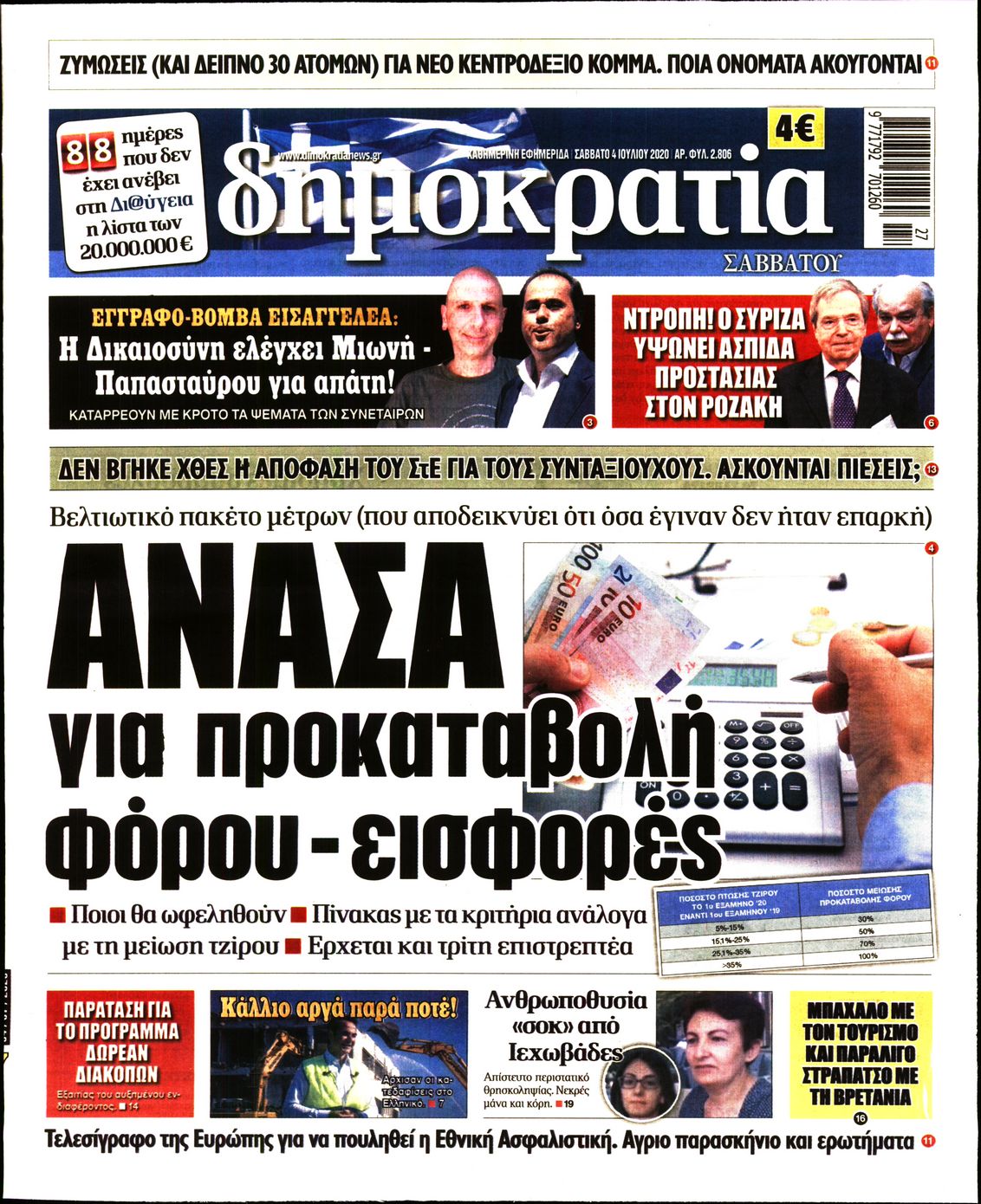 Εξώφυλο εφημερίδας ΔΗΜΟΚΡΑΤΙΑ 2020-07-04