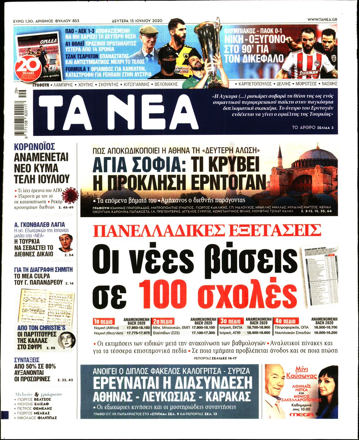 Εξώφυλο εφημερίδας ΤΑ ΝΕΑ 2020-07-13