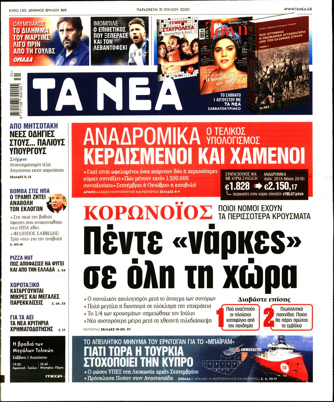 Εξώφυλο εφημερίδας ΤΑ ΝΕΑ 2020-07-31