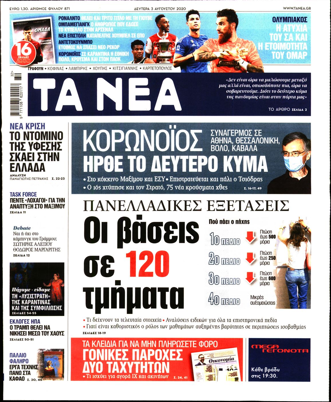 Εξώφυλο εφημερίδας ΤΑ ΝΕΑ 2020-08-03