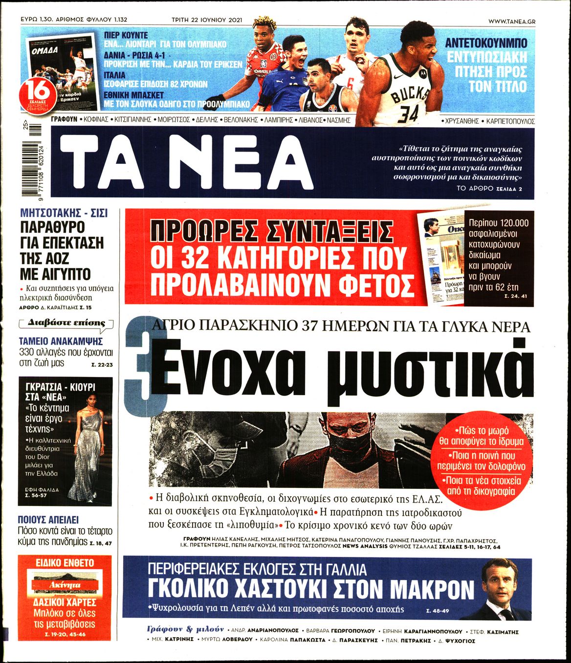 Εξώφυλο εφημερίδας ΤΑ ΝΕΑ 2021-06-22