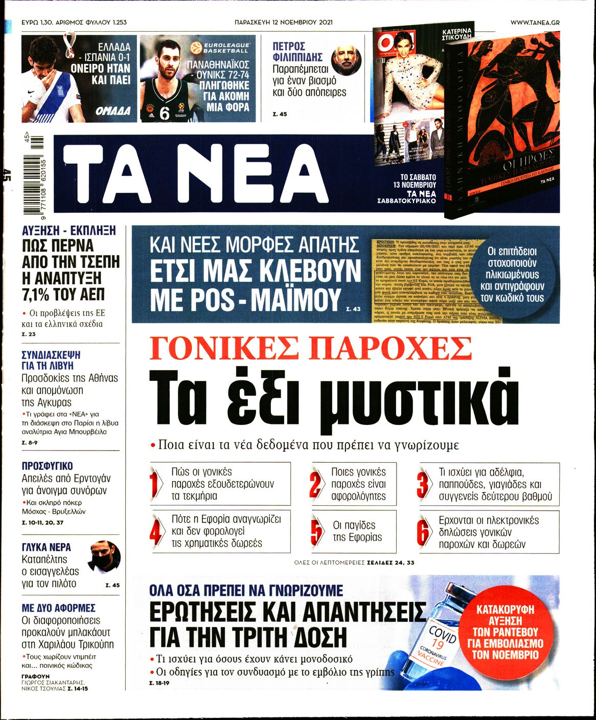 Εξώφυλο εφημερίδας ΤΑ ΝΕΑ 2021-11-12