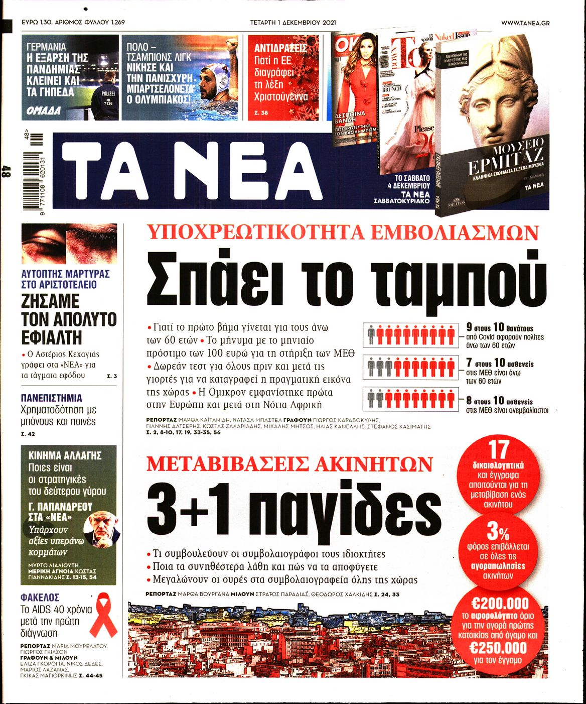 Εξώφυλο εφημερίδας ΤΑ ΝΕΑ 2021-12-01