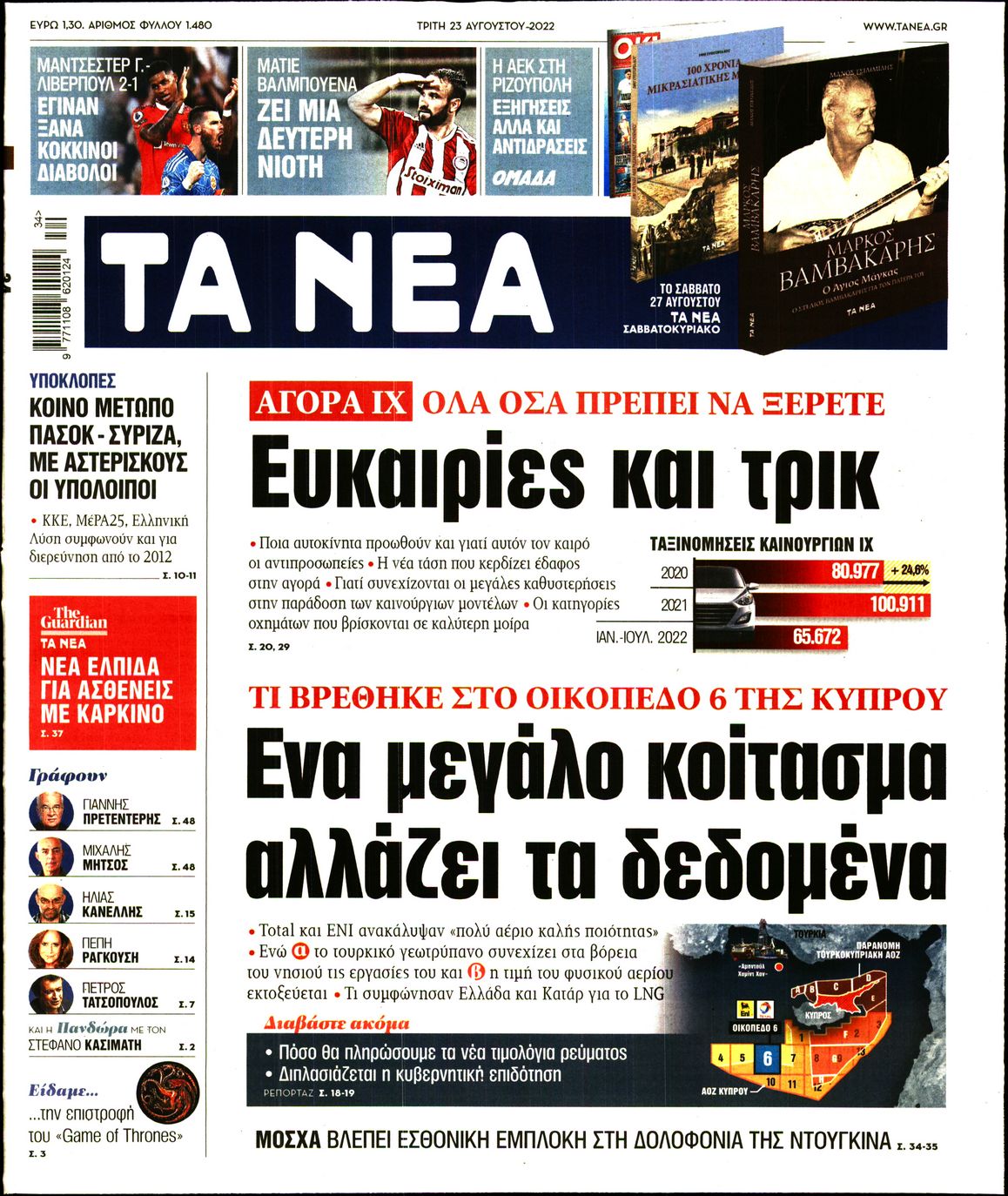 Εξώφυλο εφημερίδας ΤΑ ΝΕΑ 2022-08-23