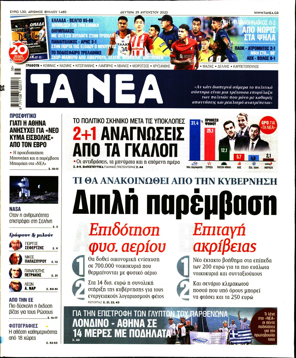 Εξώφυλο εφημερίδας ΤΑ ΝΕΑ 2022-08-29
