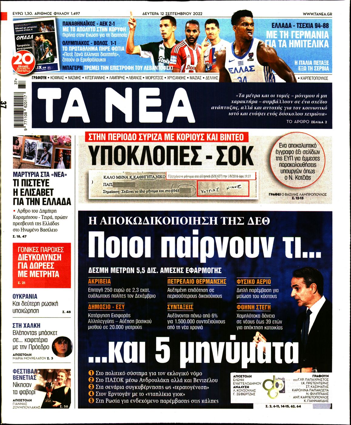 Εξώφυλο εφημερίδας ΤΑ ΝΕΑ 2022-09-12