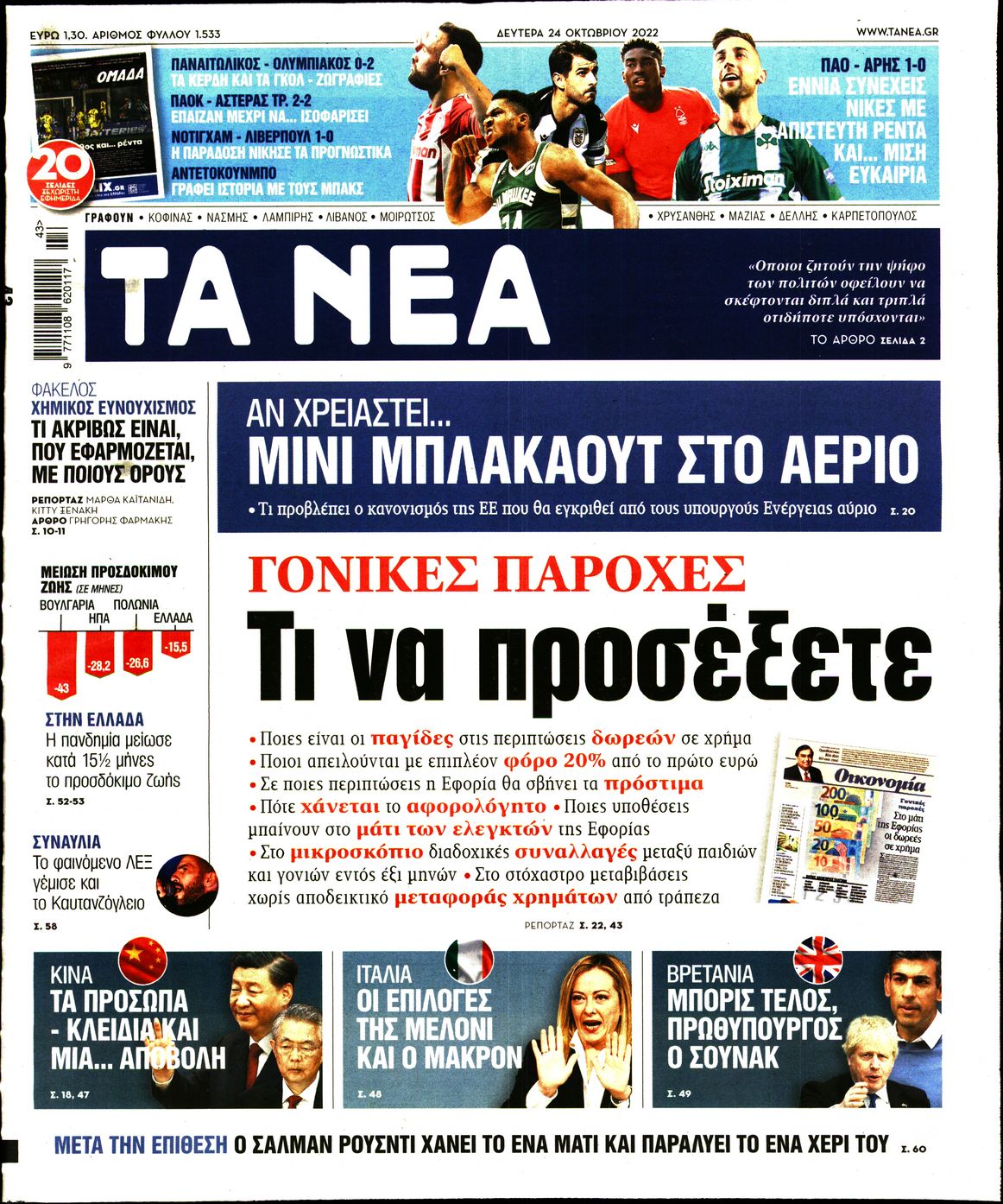 Εξώφυλο εφημερίδας ΤΑ ΝΕΑ Sun, 23 Oct 2022 21:00:00 GMT