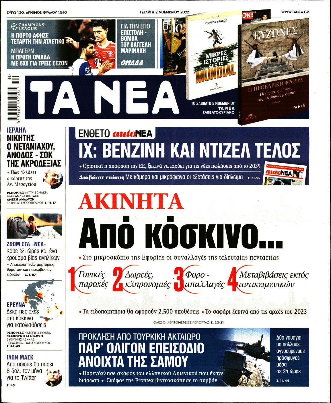 Εξώφυλο εφημερίδας ΤΑ ΝΕΑ 2022-11-02