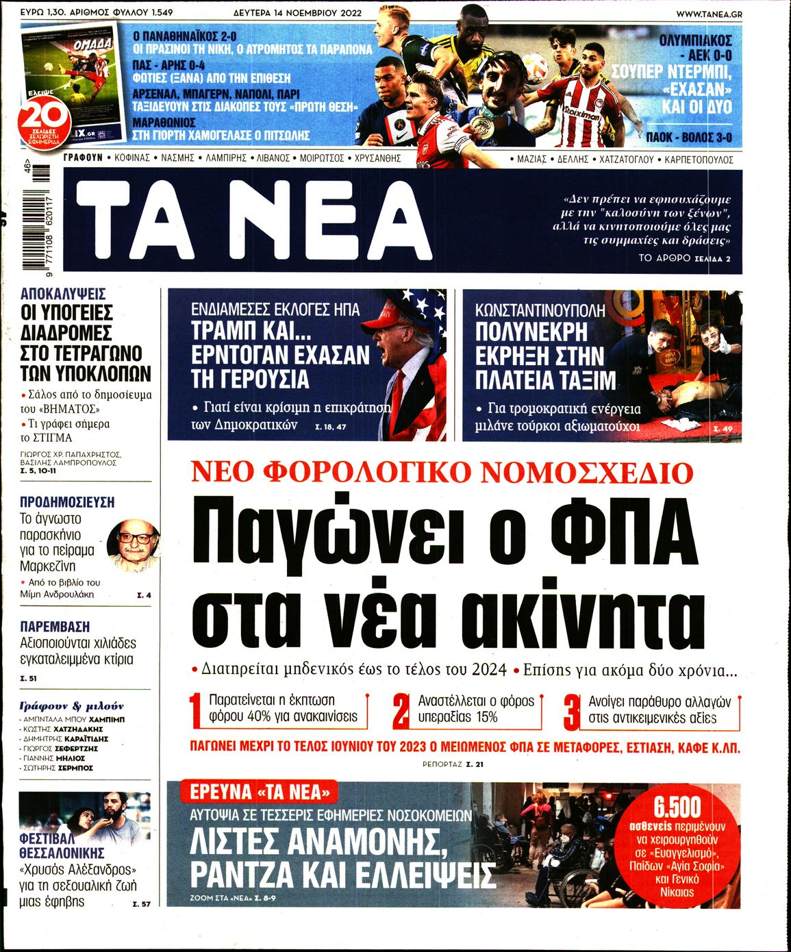 Εξώφυλο εφημερίδας ΤΑ ΝΕΑ 2022-11-14