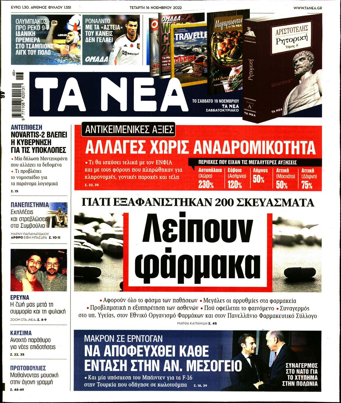 Εξώφυλο εφημερίδας ΤΑ ΝΕΑ 2022-11-16