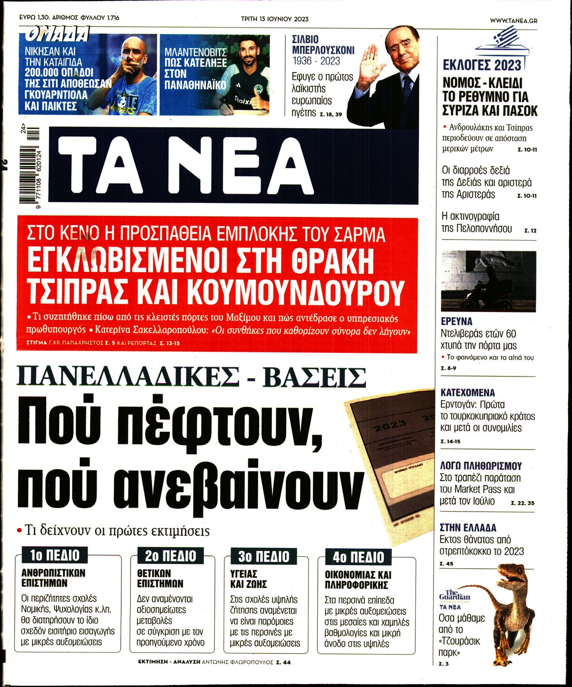 Εξώφυλο εφημερίδας ΤΑ ΝΕΑ 2023-06-13