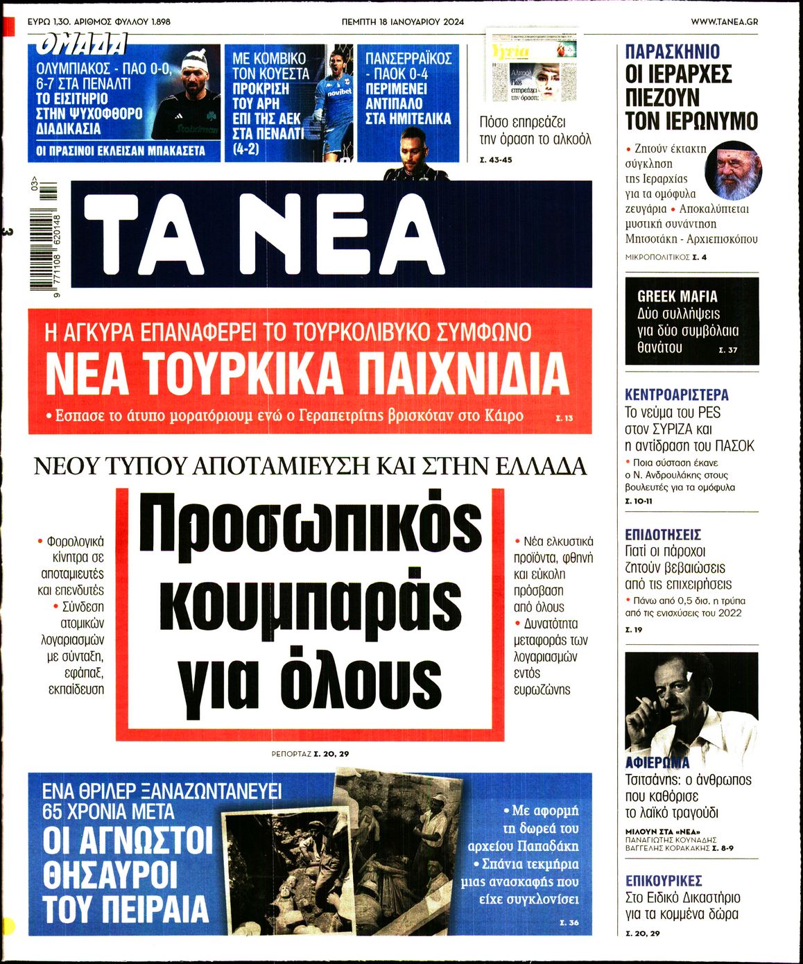 Εξώφυλο εφημερίδας ΤΑ ΝΕΑ 2024-01-18