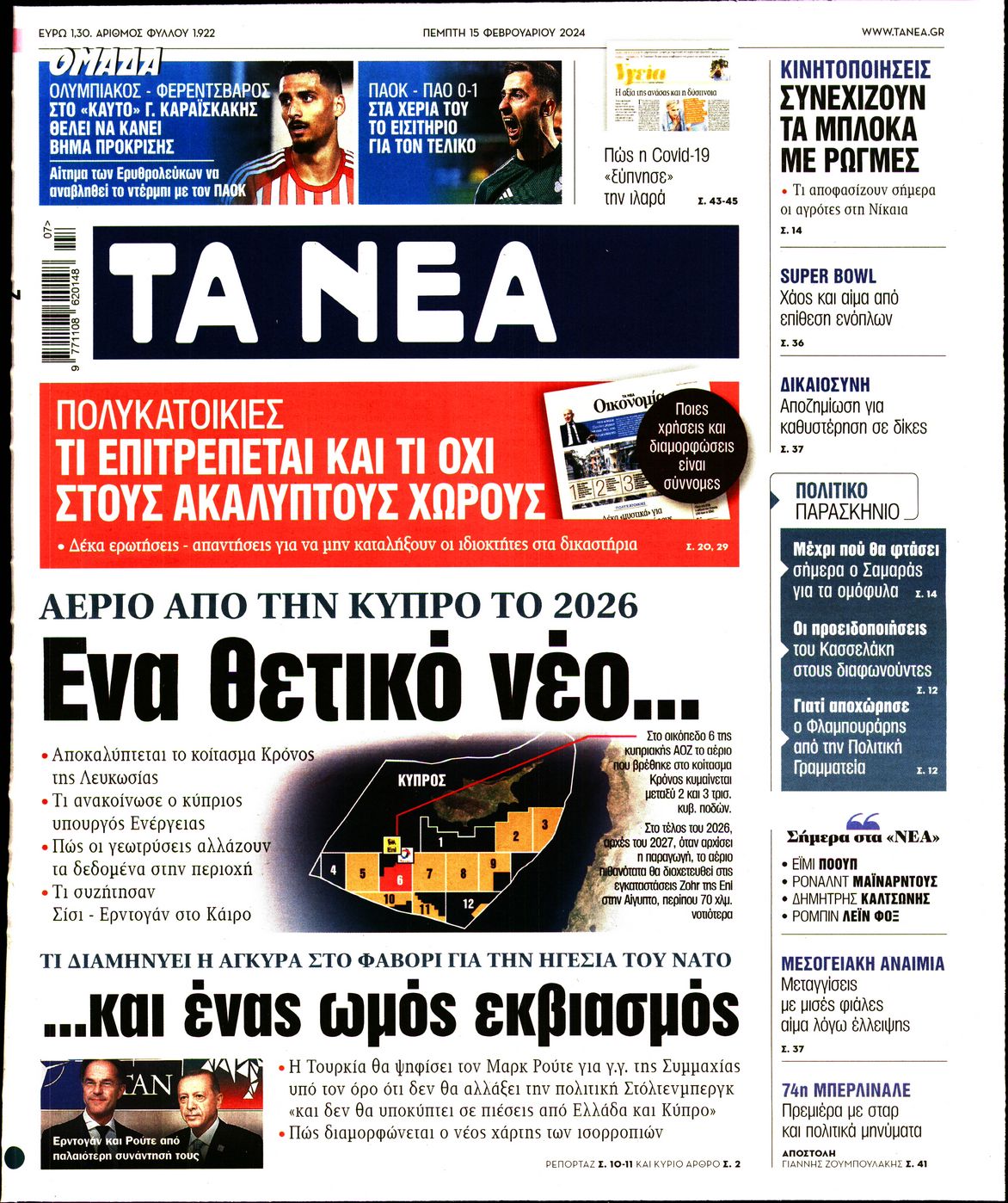 Εξώφυλο εφημερίδας ΤΑ ΝΕΑ 2024-02-15