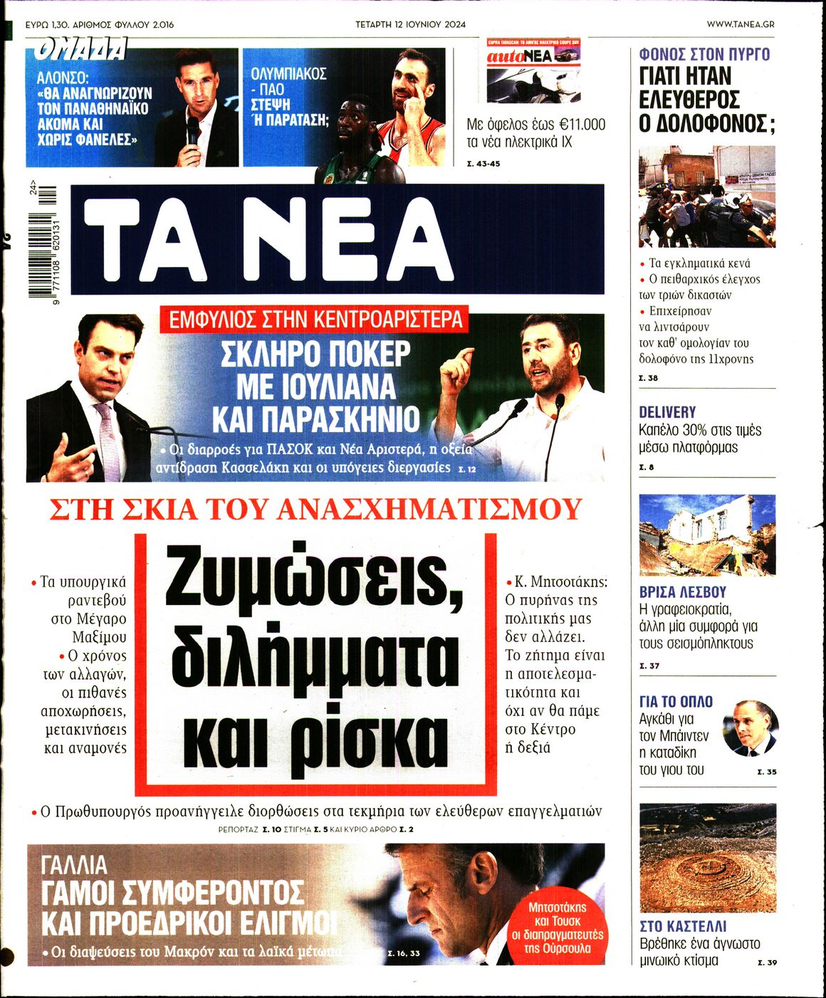 Εξώφυλο εφημερίδας ΤΑ ΝΕΑ 2024-06-12