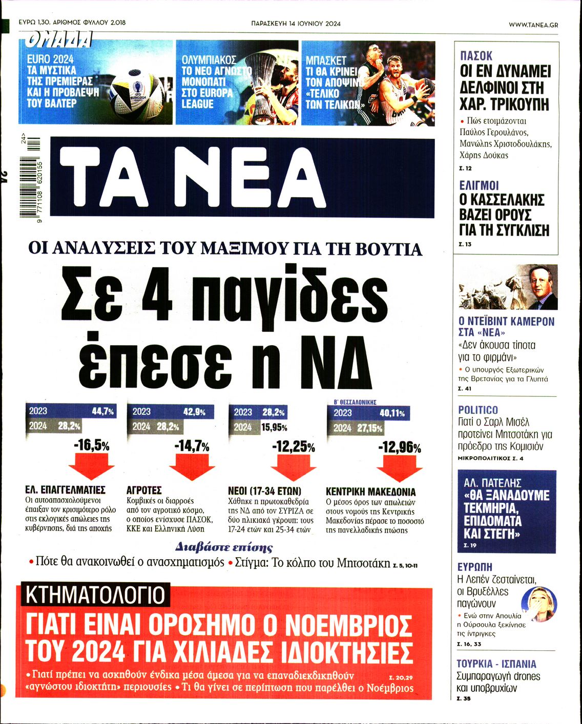 Εξώφυλο εφημερίδας ΤΑ ΝΕΑ 2024-06-14