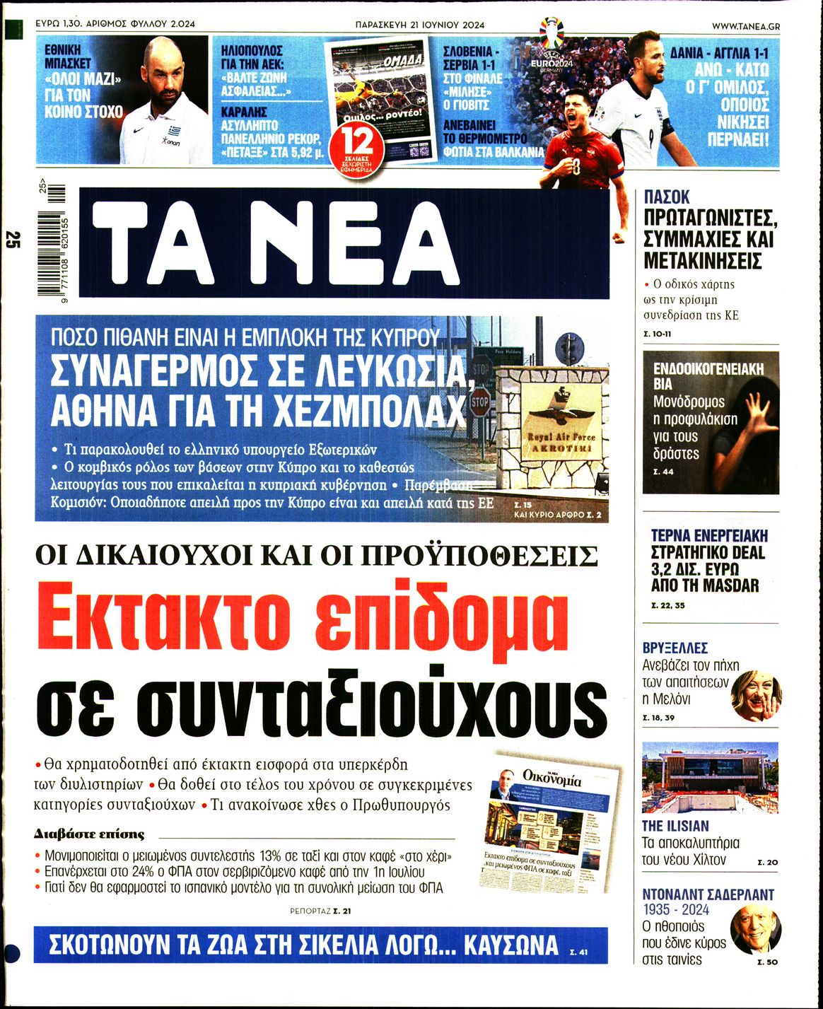 Εξώφυλο εφημερίδας ΤΑ ΝΕΑ 2024-06-21