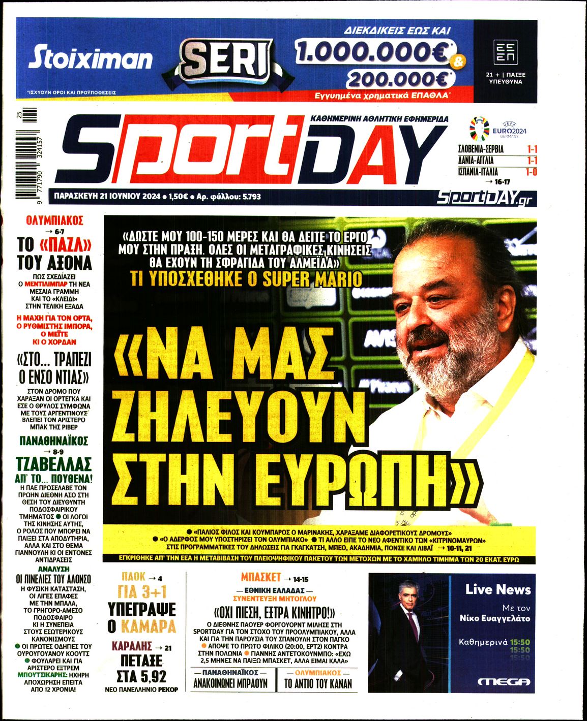 Εξώφυλο εφημερίδας SPORTDAY 2024-06-21