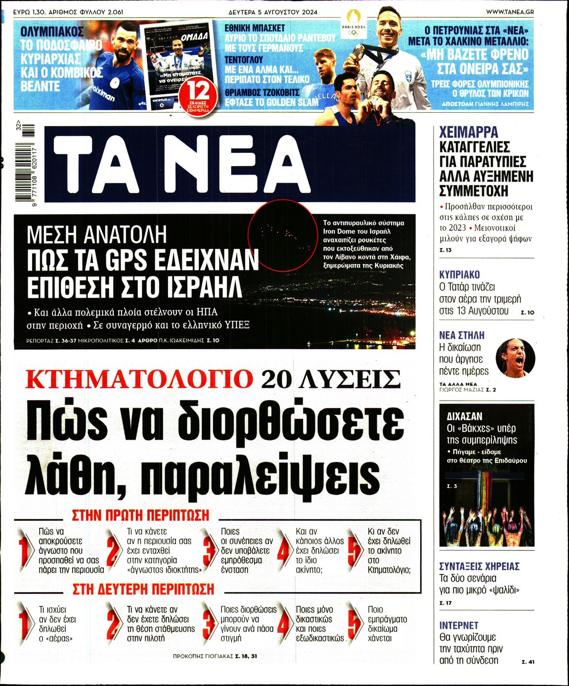 Εξώφυλο εφημερίδας ΤΑ ΝΕΑ 2024-08-05